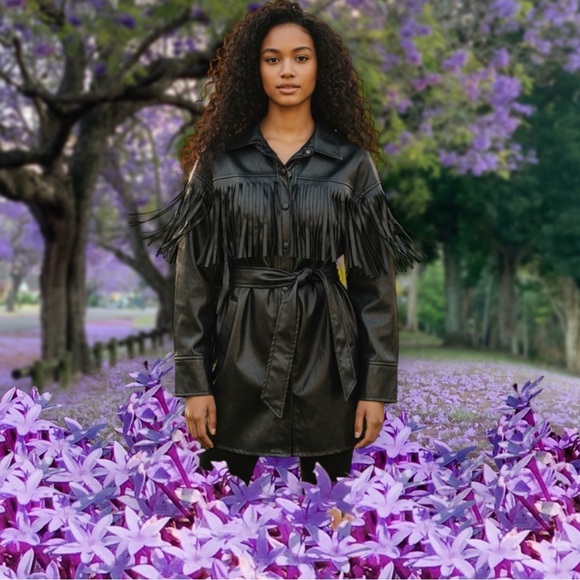 Vintage style SHEIN Black Faux Leather Fringe Belted Jacket - Picture 11 of 16